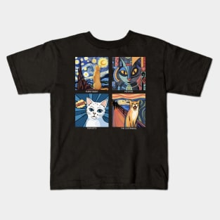 Artistic Cats: Aesthetic Bliss for Art History and Cat Lovers (white text) Kids T-Shirt